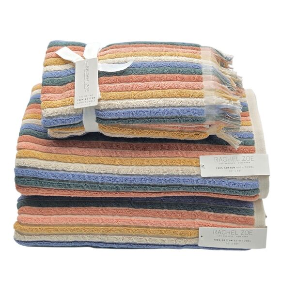 Rachel Zoe 4pc Sunflower Striped Cotton Towel Set 2 Bath 2 Hand - Picture 1 of 8